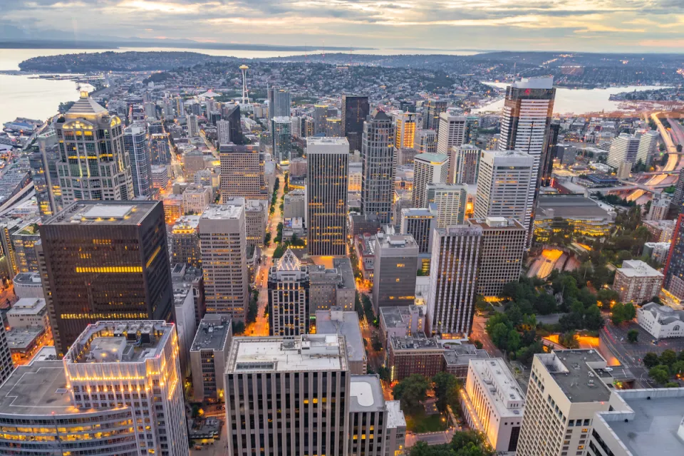 Aerial view of downtown Seattle, Washington at dusk.